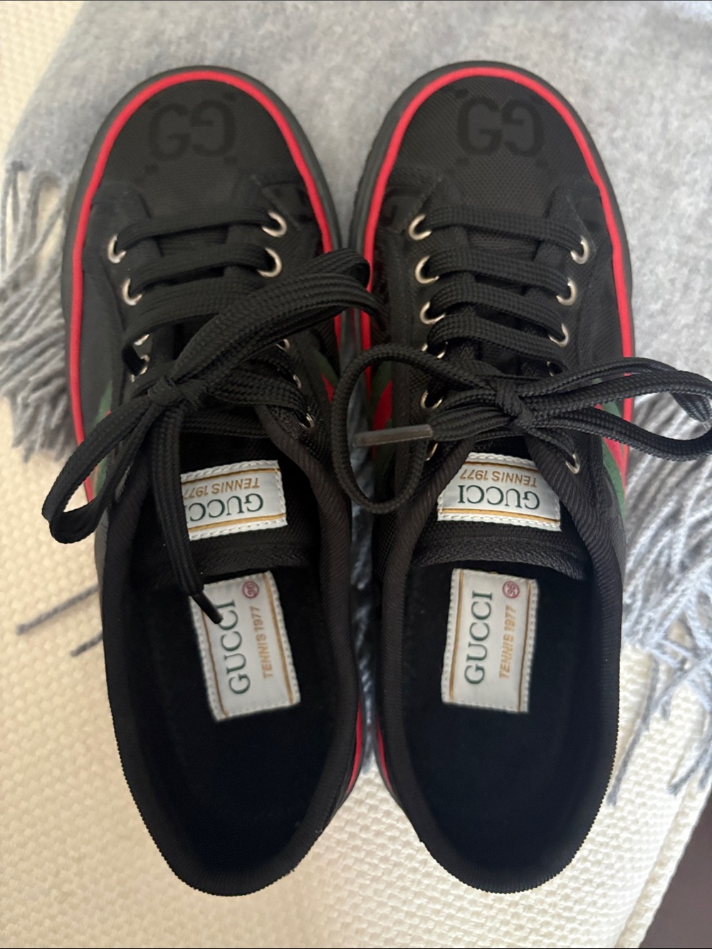 Black Low-Top Sneakers with Red & Green Web Stripe - Picture 3 of 10